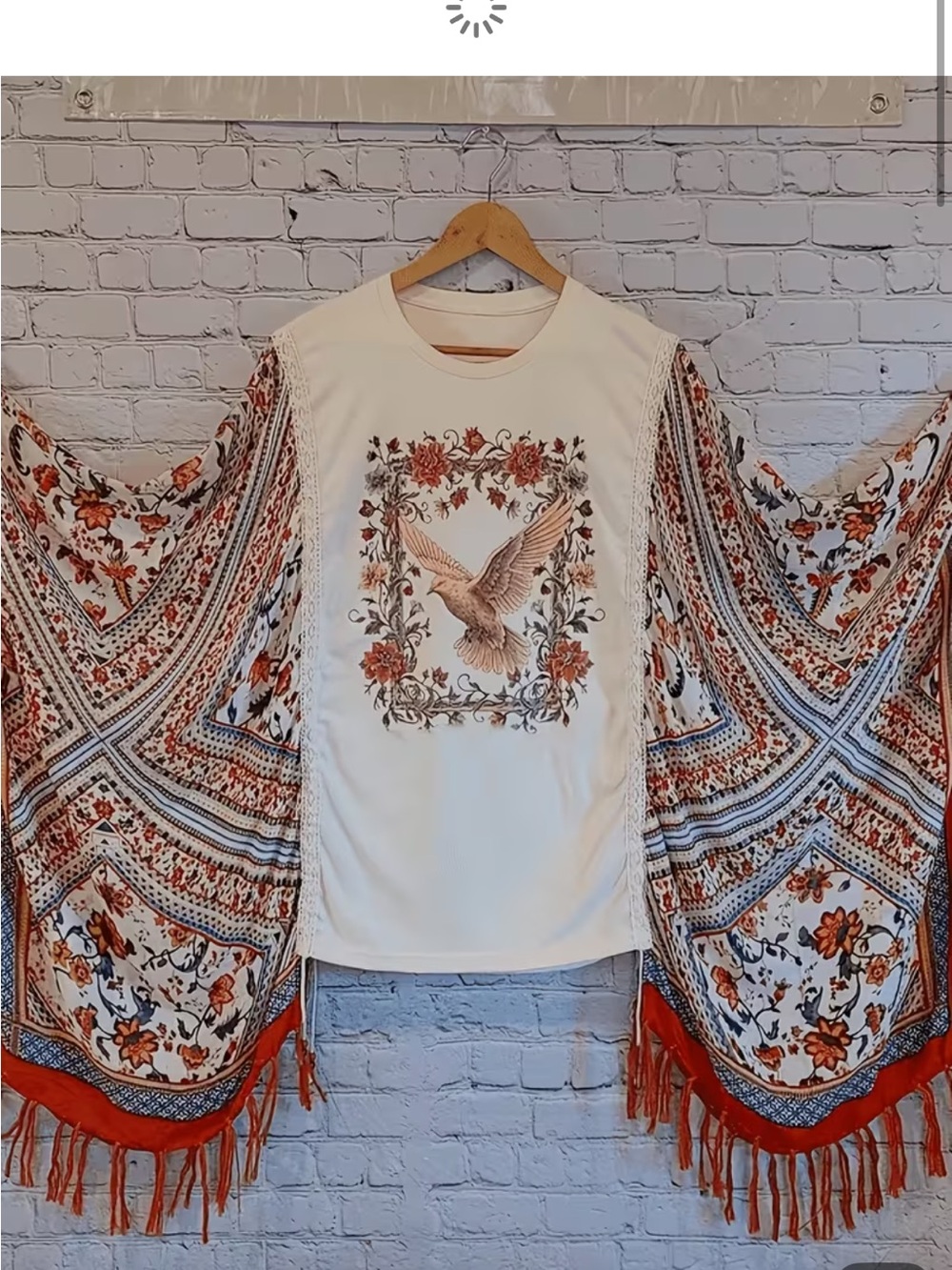 Cream Bohemian Eagle Graphic Tunic with Rust Floral Kimono Sleeves